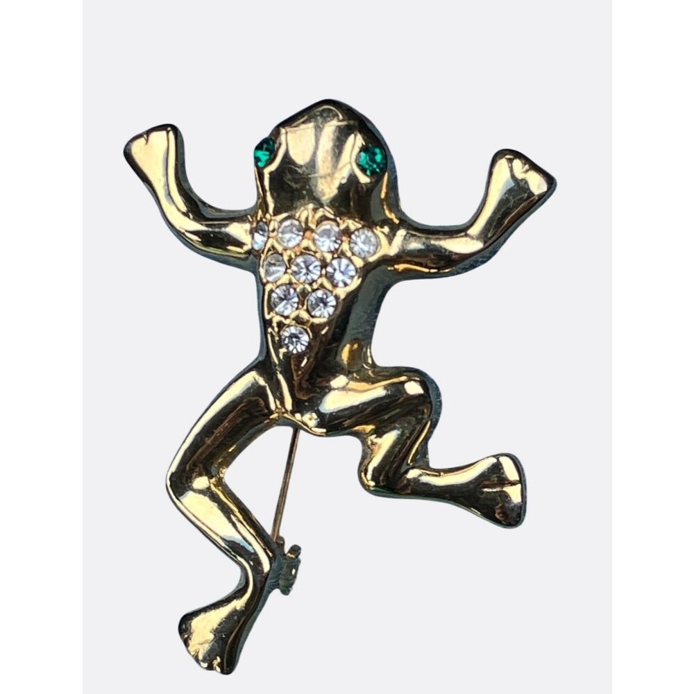 Gold Tone Frog Brooch With Rhinestones and Green Eyes 2 Inches